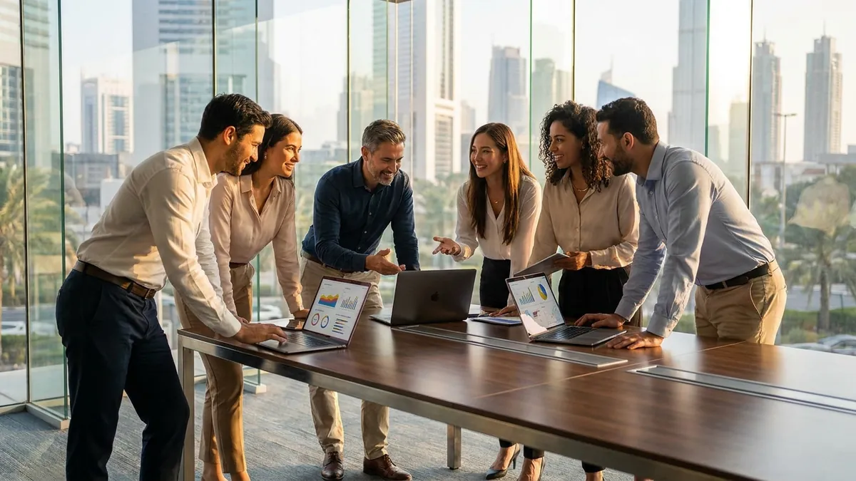 A team reviewing commerce information around a laptop in a modern office.