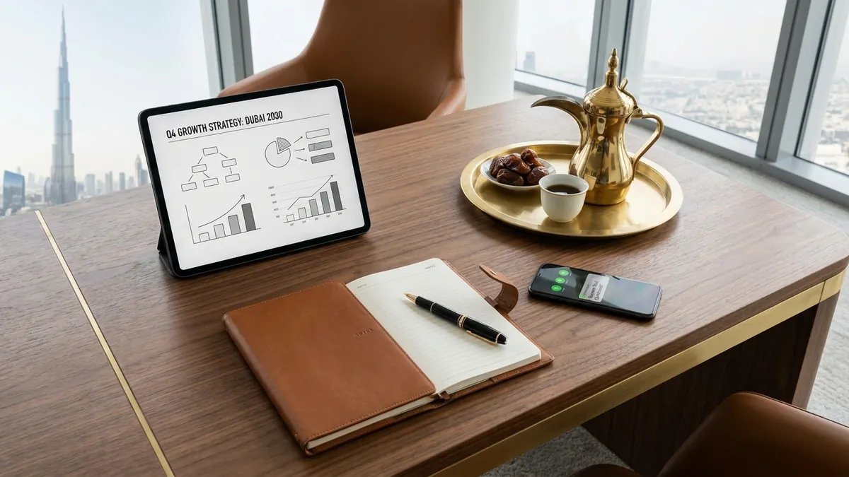 A laptop, calculator, and notebook arranged for reviewing a business case.