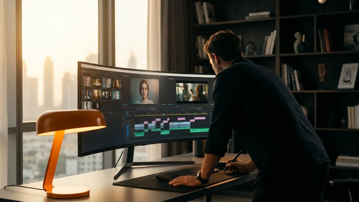 Split comparison of AI avatar generation interface alongside a professional live-action commercial video set in Dubai.