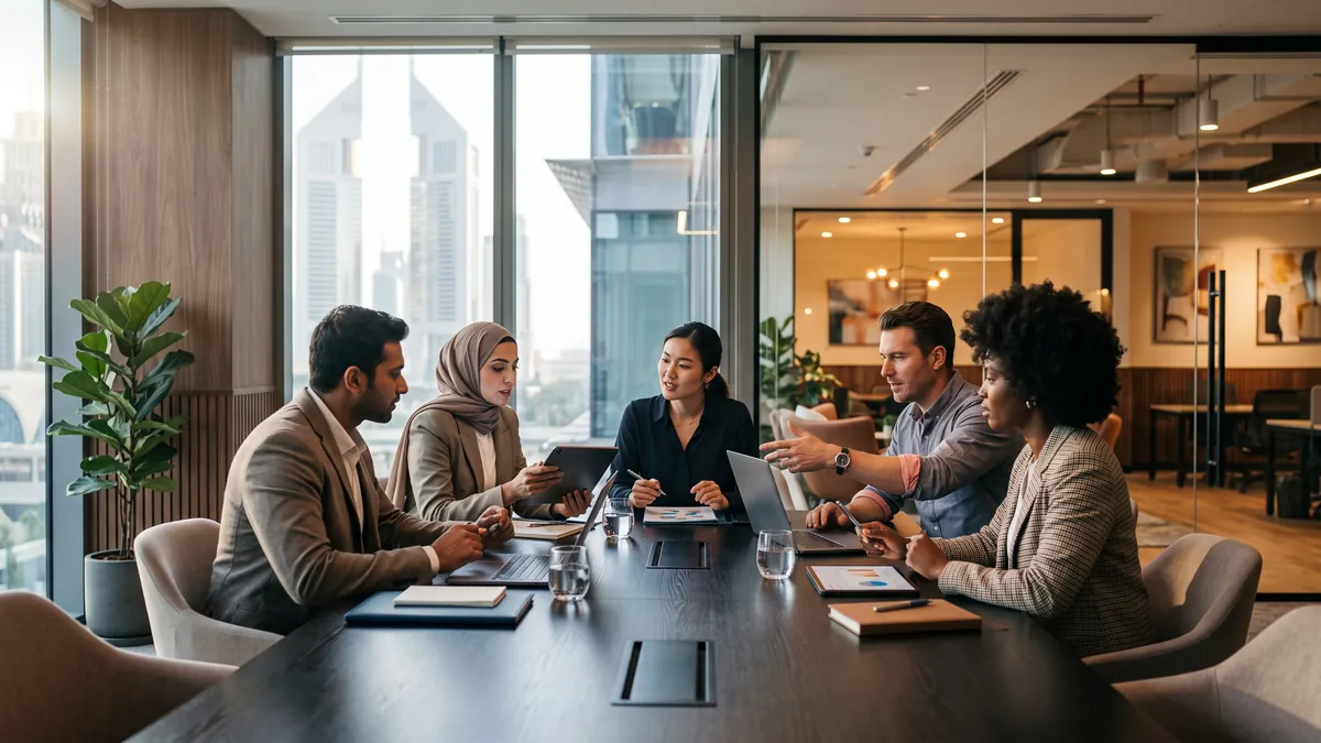 Colleagues discussing customer enquiries in a modern office meeting room.