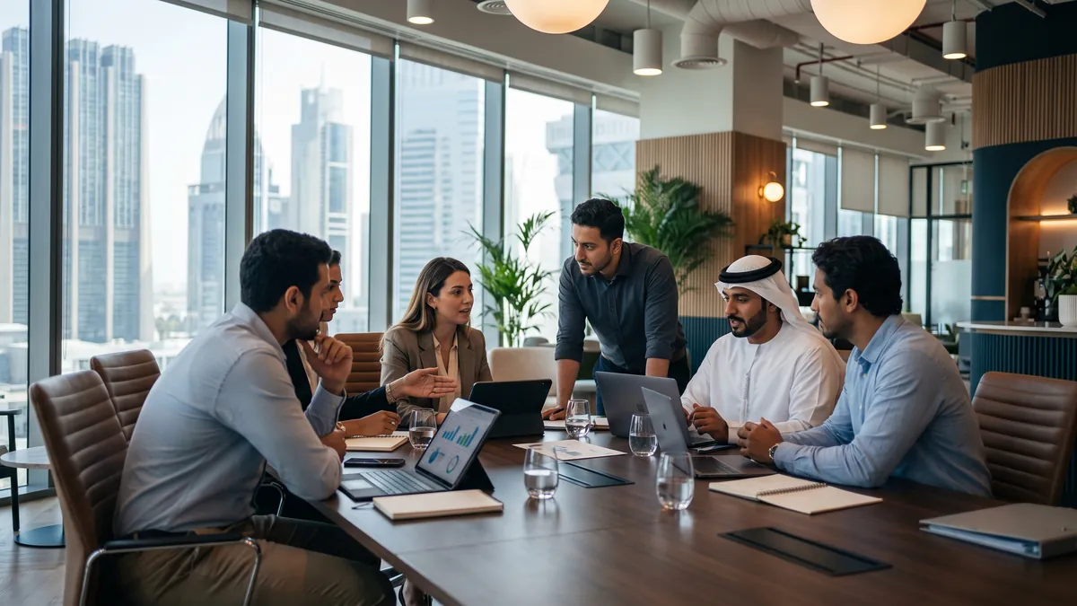 A creative team reviewing an audio campaign together in a meeting room.