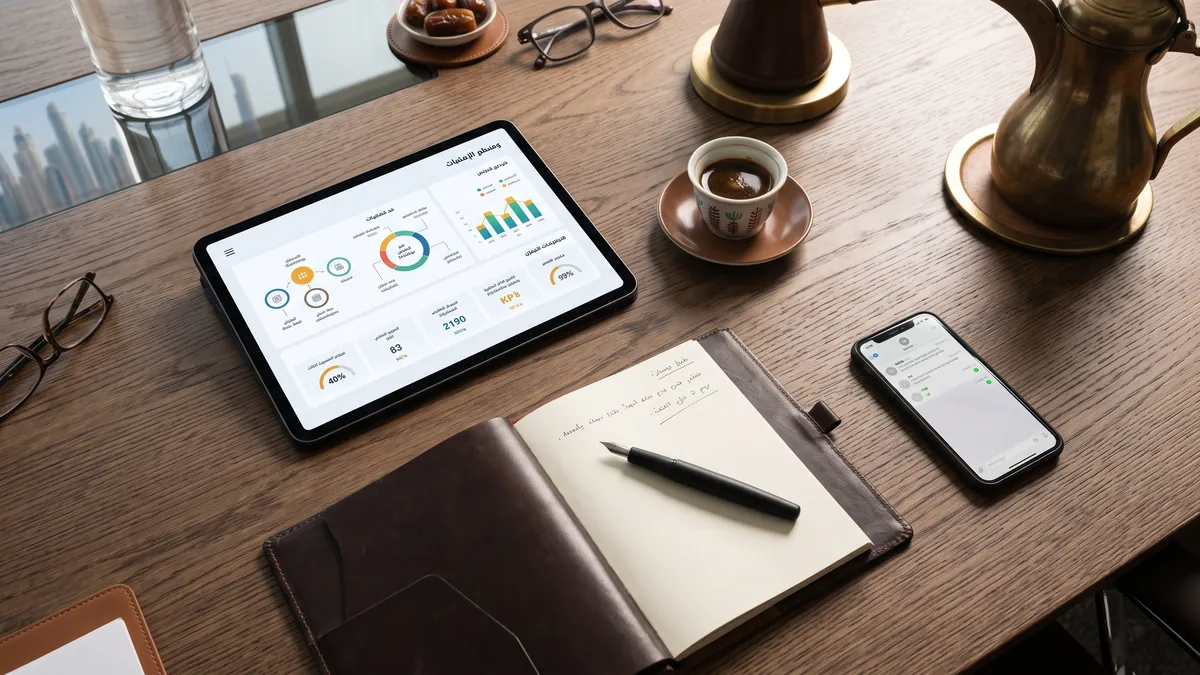 A tablet, notebook, and small desk plant beside an office window.