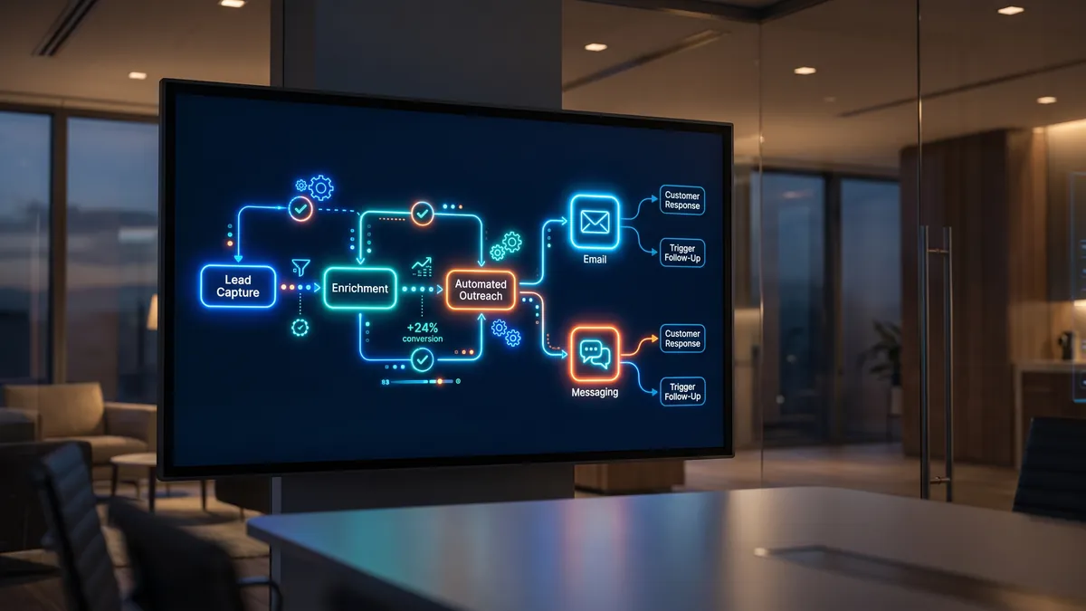 Conceptual screen illustration showing connected stages in a follow-up workflow.