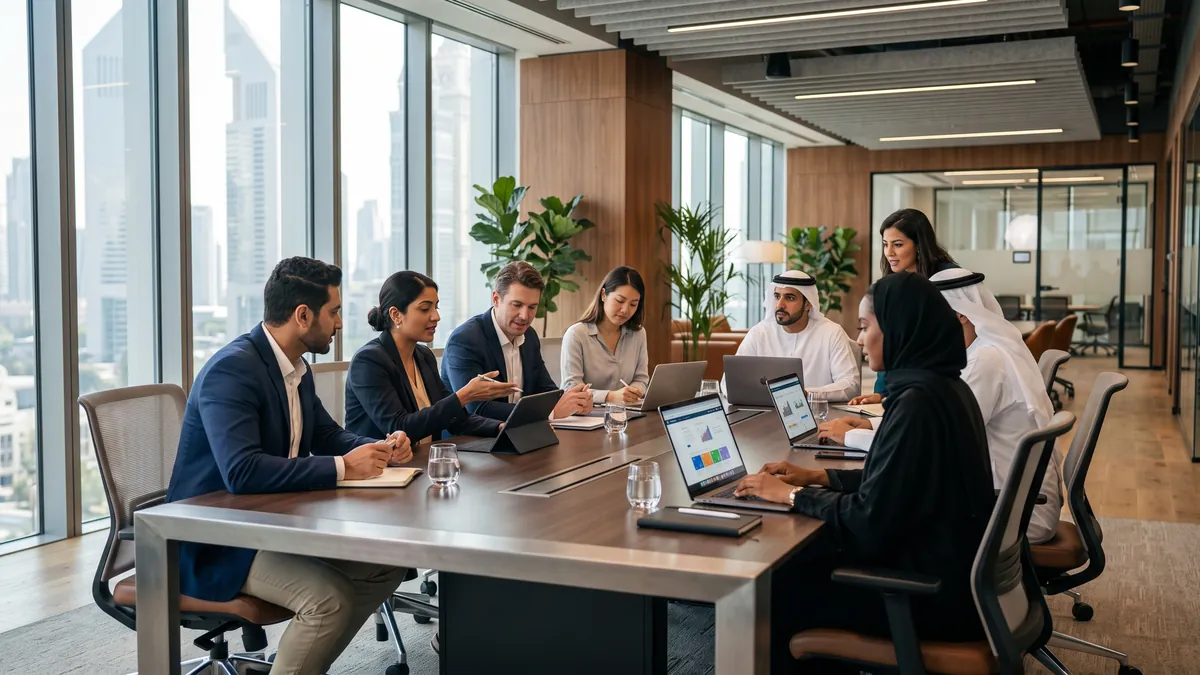 Colleagues reviewing a proposal around a table in a Dubai office.