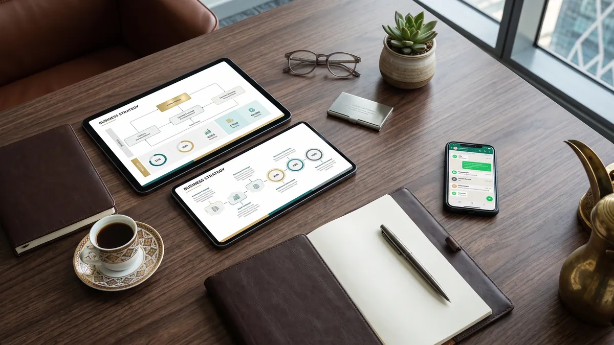 A tablet and notebook arranged on a desk for reviewing incoming sales enquiries.
