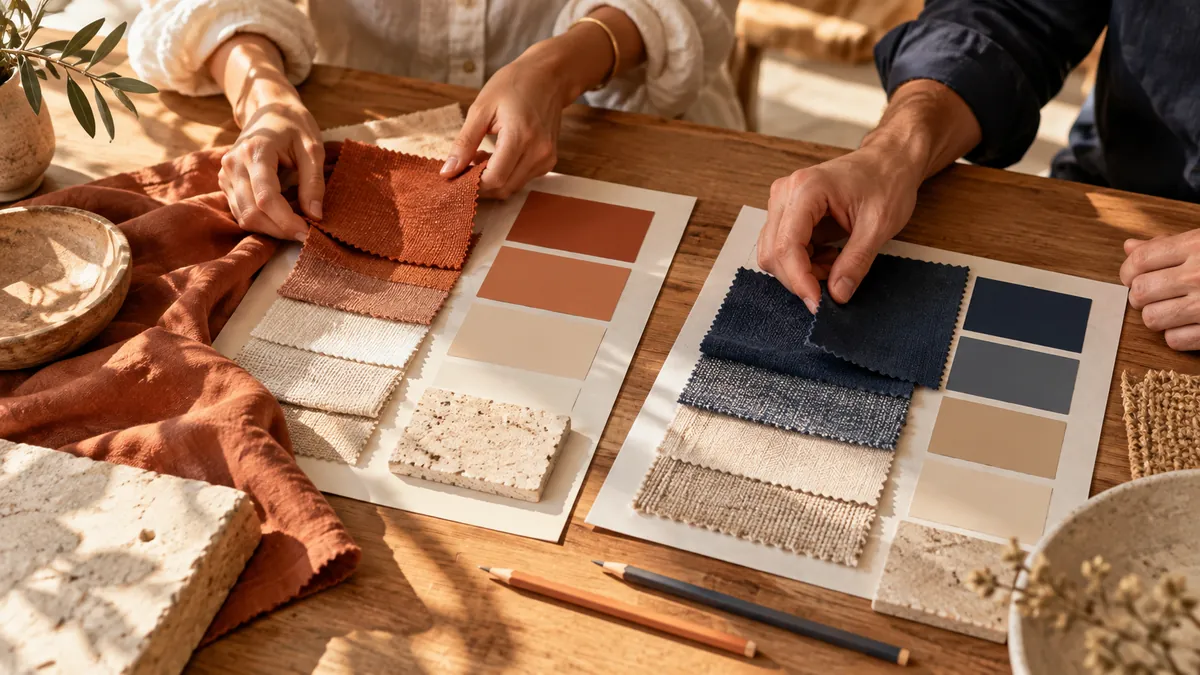 Designers arranging complementary paper and fabric palettes for a bilingual brand.