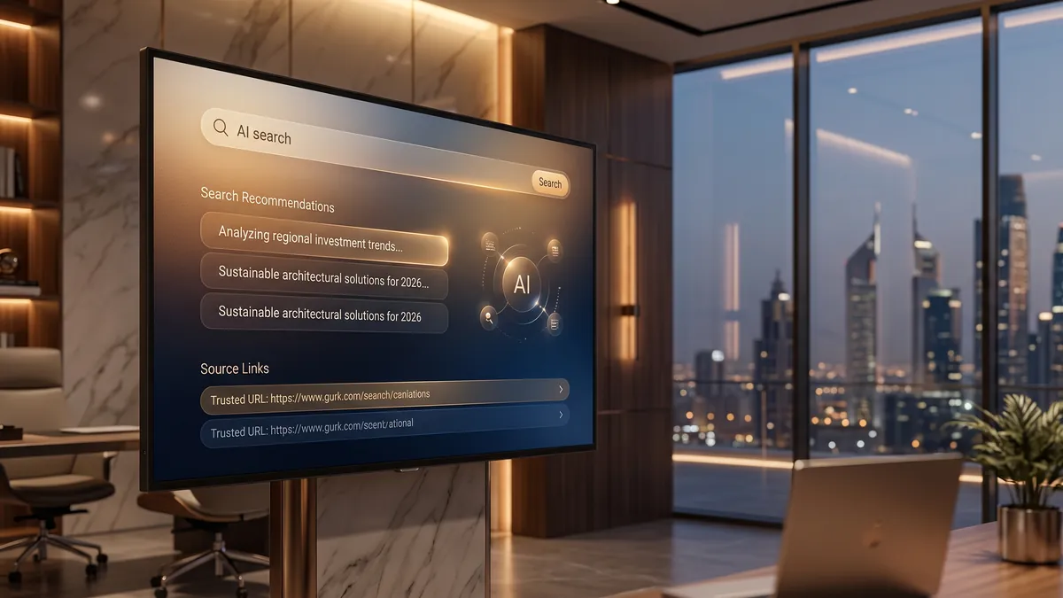 Conceptual illustration of a search answer interface on a screen in an office.