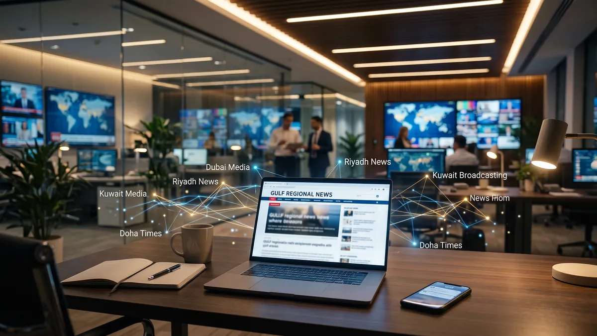 An illustrative newsroom workspace with screens and a tablet showing article layouts.