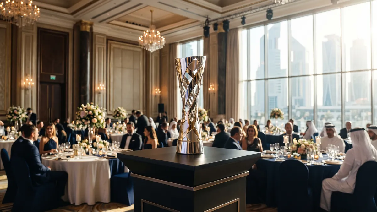 An illustrative awards gala with guests seated in a ballroom.
