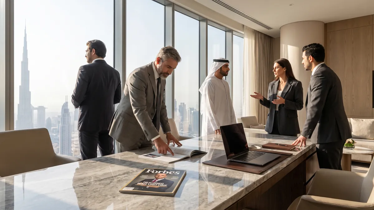 Business magazine with a UAE skyline in the background, symbolizing executive media coverage.