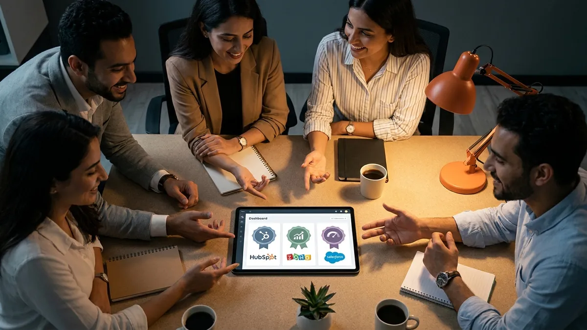 Side-by-side feature evaluation matrix comparing HubSpot, Zoho, and Salesforce across usability, cost, and enterprise features.