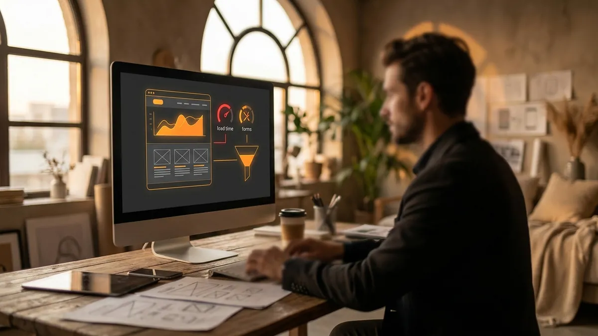 Visual 12-point website audit checklist card highlighting UI/UX, speed, SEO, and lead conversion optimizations.
